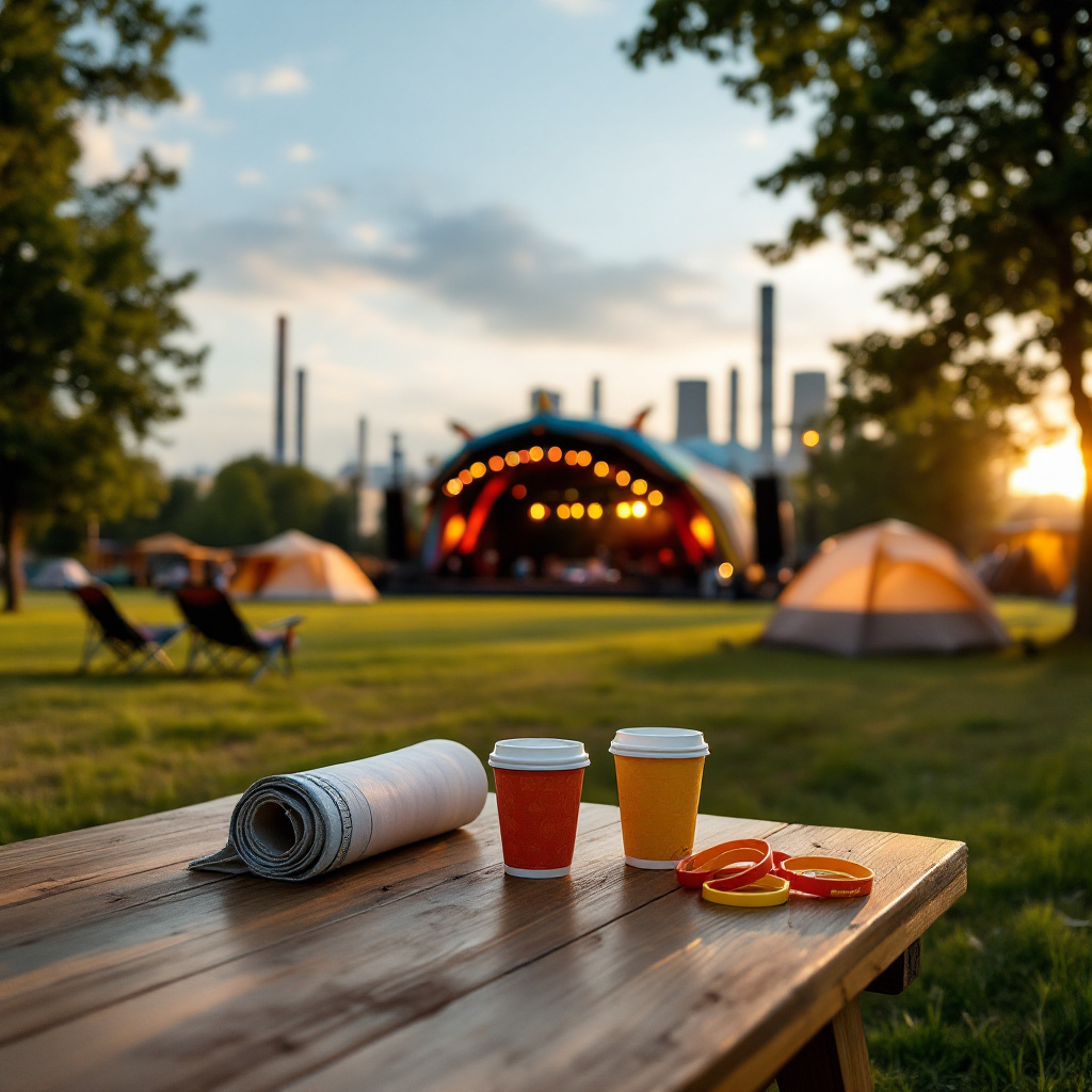Die besten Open Air Festivals in Nordrhein-Westfalen: Festivalgelände mit Bühne bei Sonnenuntergang