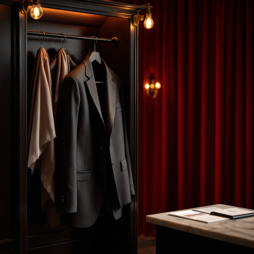 Kleiderordnung Theaterbesuch was anziehen: elegante Garderobe mit Blazer und Mantel an der Theater-Garderobe