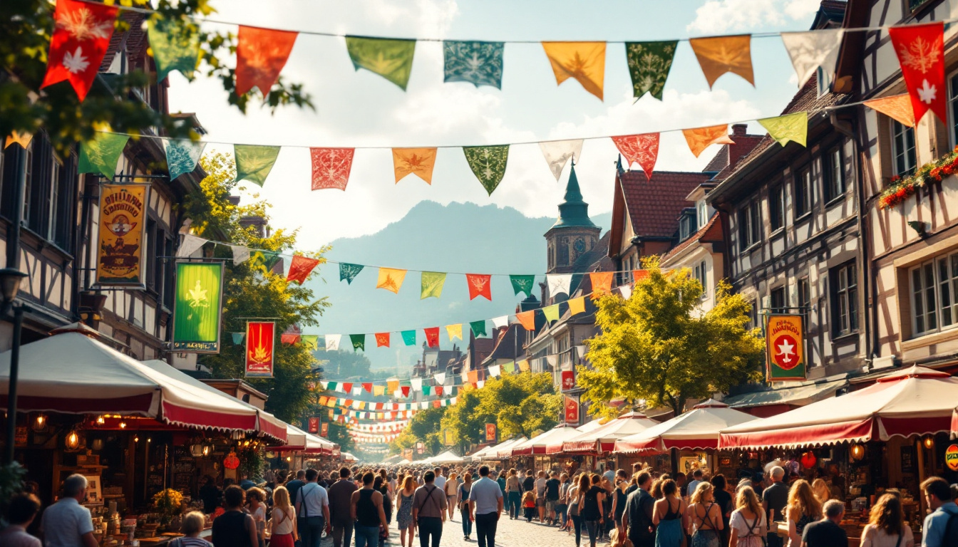 Festlich geschmückte Altstadtstraße beim Schützenfest Neuss 2026 mit Fahnen und Ständen
