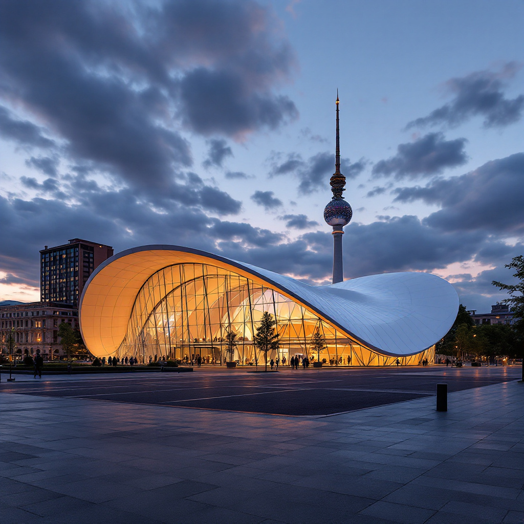 Tempodrom Berlin Geschichte und Architektur mit markanter Zeltdachform bei Abenddämmerung