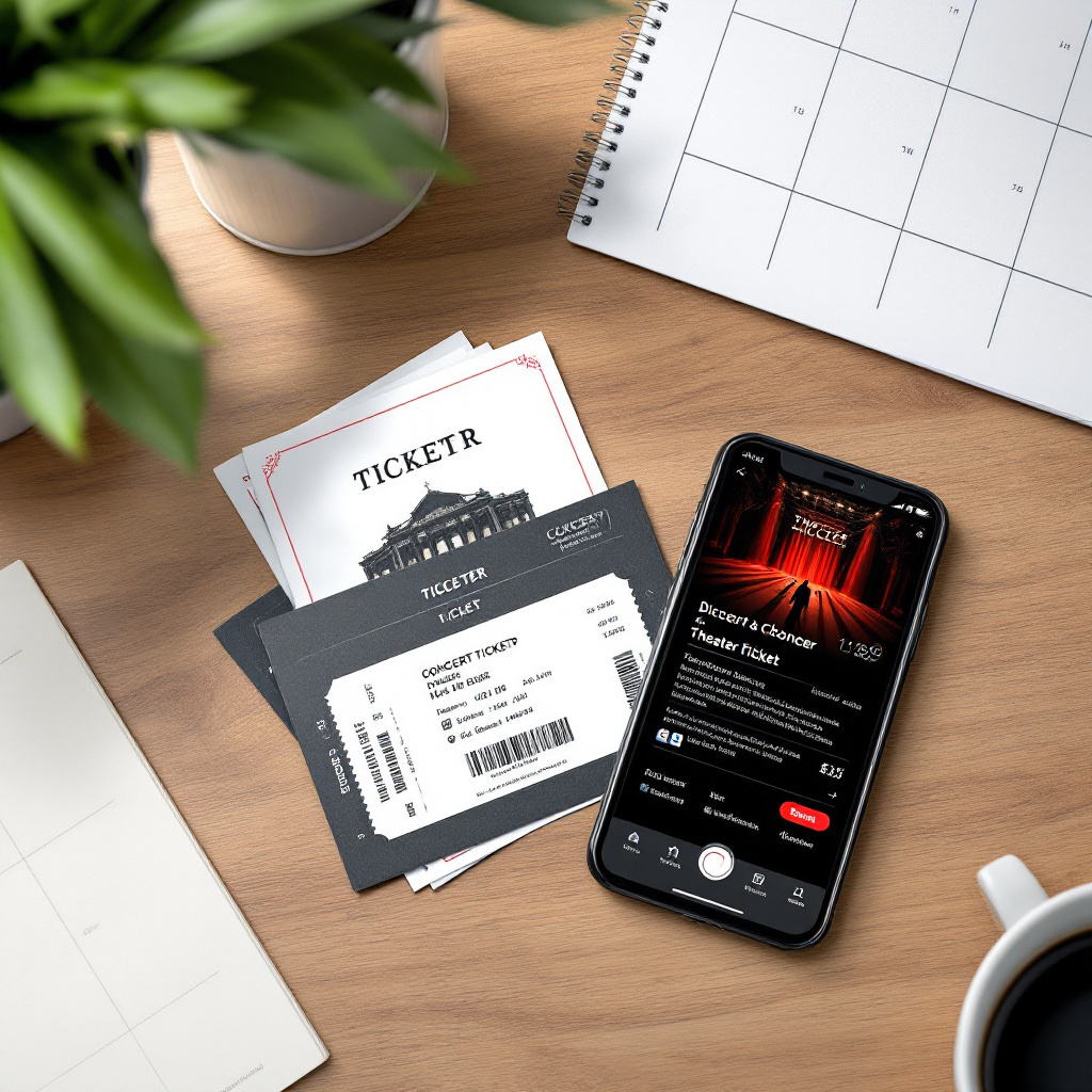 Tickets günstig kaufen ohne Gebühren Tipps: Konzertkarten und Smartphone auf Holztisch