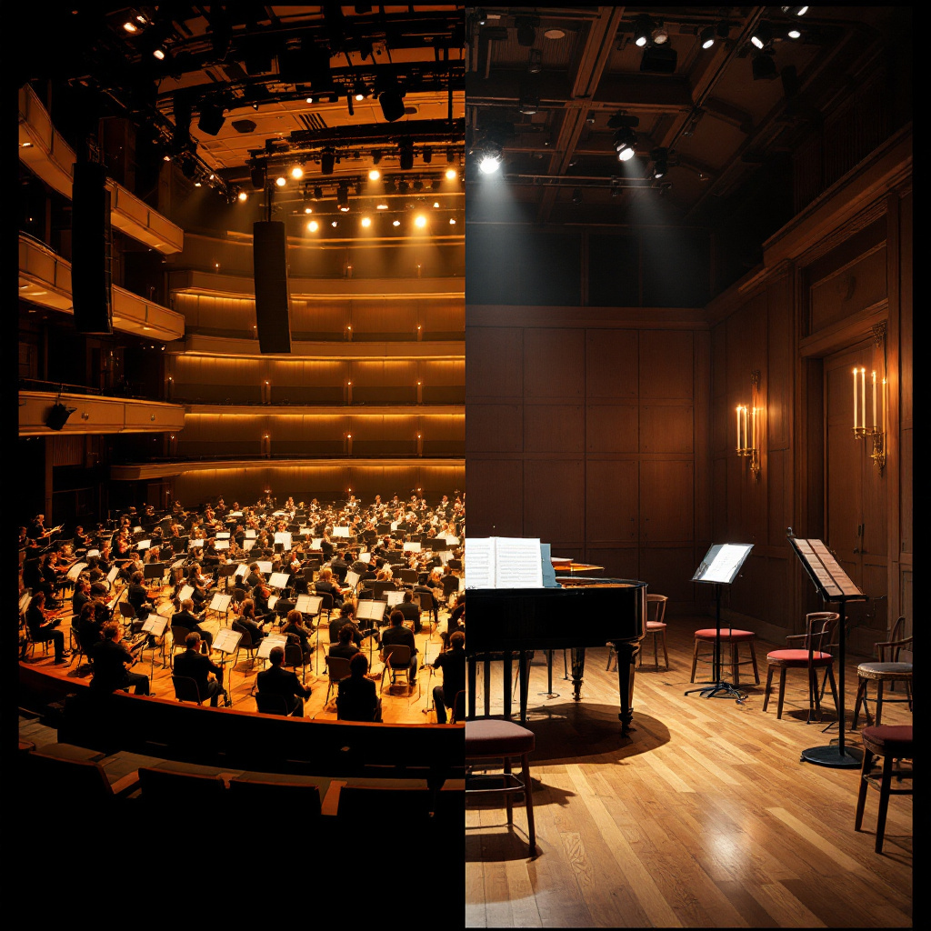 Konzertsaal zeigt den Unterschied klassisches Konzert und Kammerkonzert einfach erklärt mit Bühne und Instrumenten