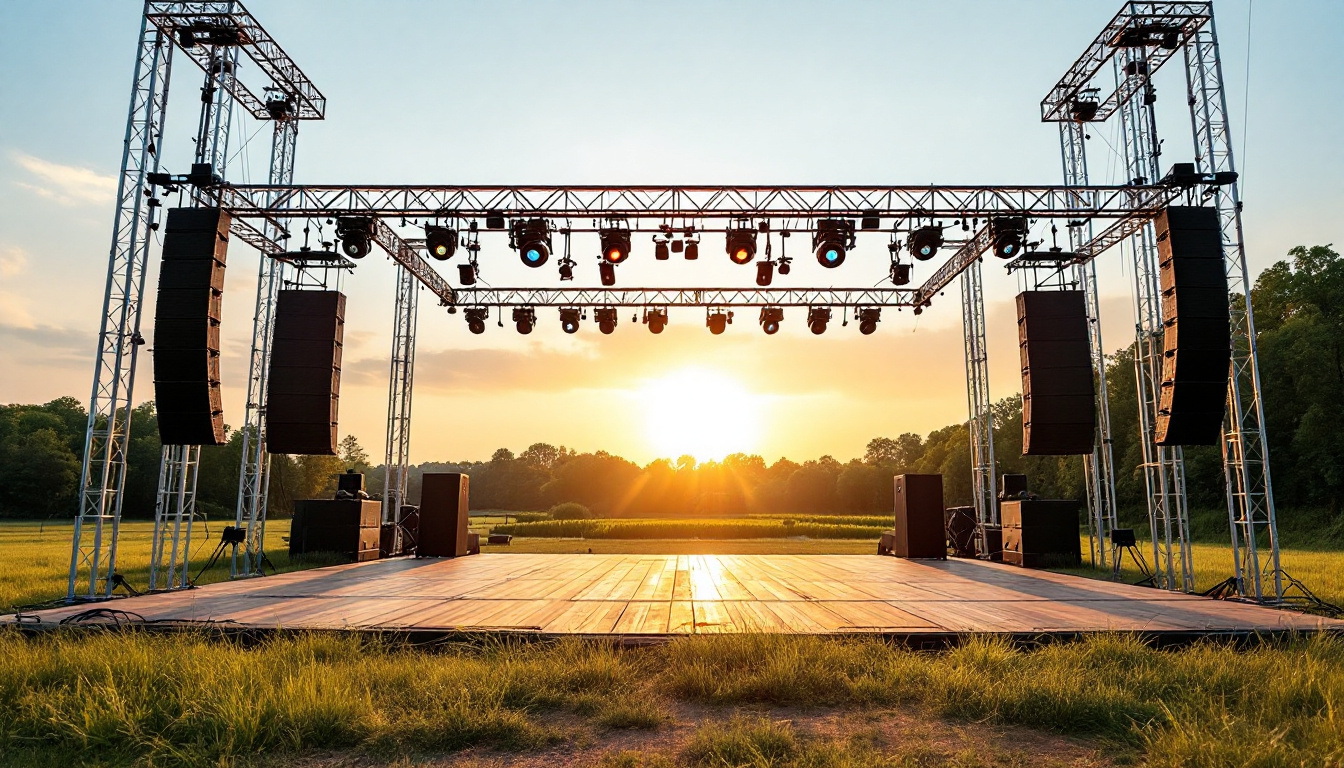 Aufgebaute Festival Bühne mit Traversendach, Beschallung und Licht auf einem Open-Air-Gelände