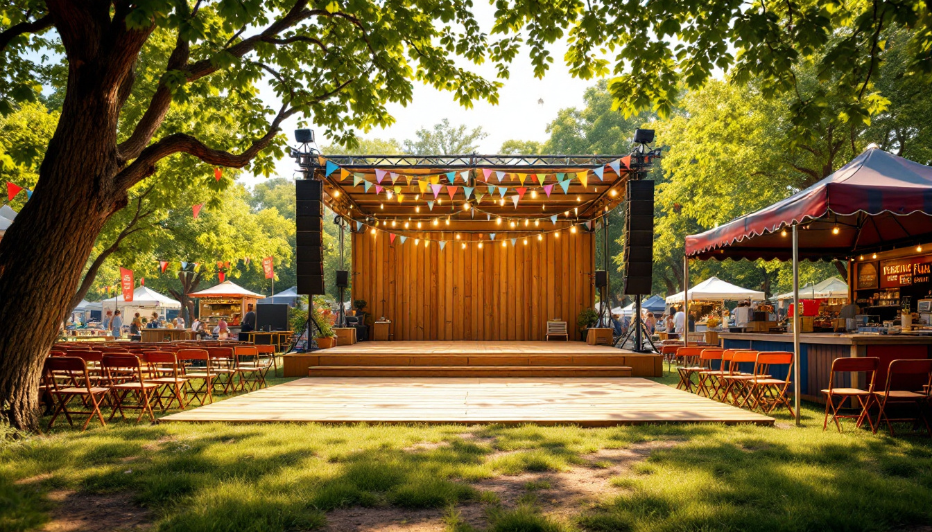 Open-Air-Gelände für Festivals im August mit Bühne und Lichterketten