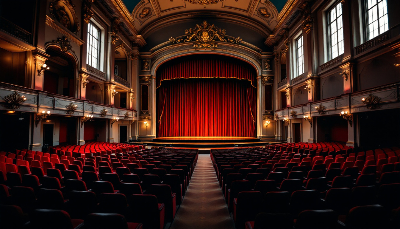 Konzertsaal als Beispiel für Kultursemiotik mit Bühne, Vorhang und Bestuhlung