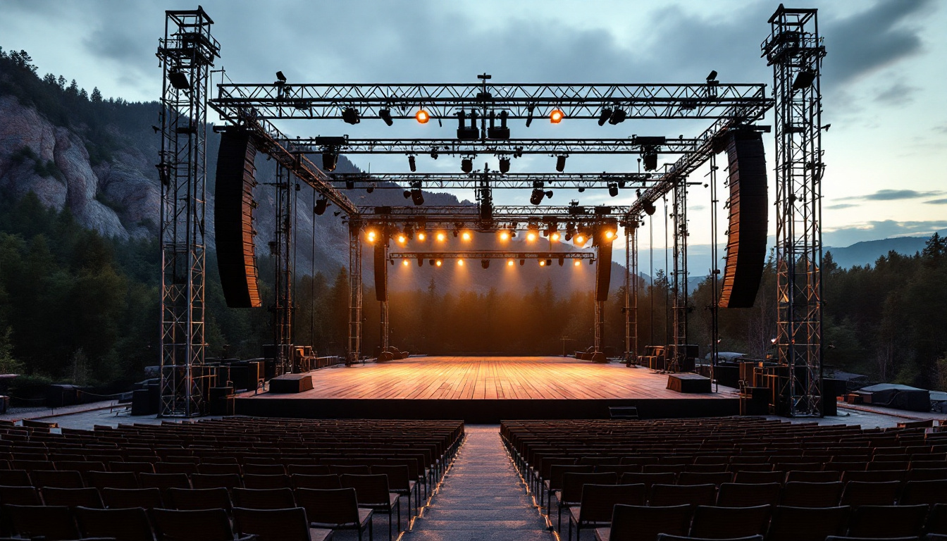 Open Air Bühne im Freien mit Traversen und Beleuchtung vor Naturkulisse in der Abenddämmerung
