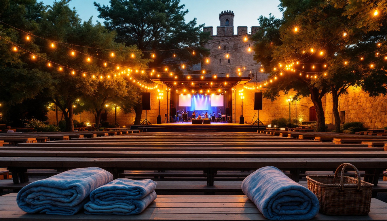 Sommer Open Air Bühne unter freiem Himmel mit Sitzreihen und Lichterketten am Abend