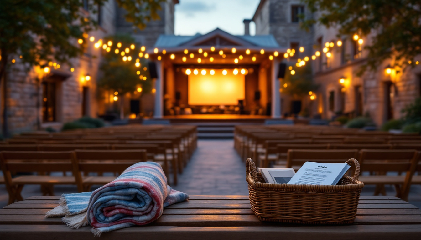 Sommer Open Air Freilichtbühne in historischem Hof mit Abendlicht und leeren Sitzreihen