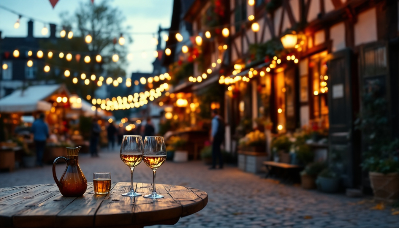 Feste in der Umgebung: Marktplatz mit Holzständen und Lichterketten bei einem Stadtfest am Abend