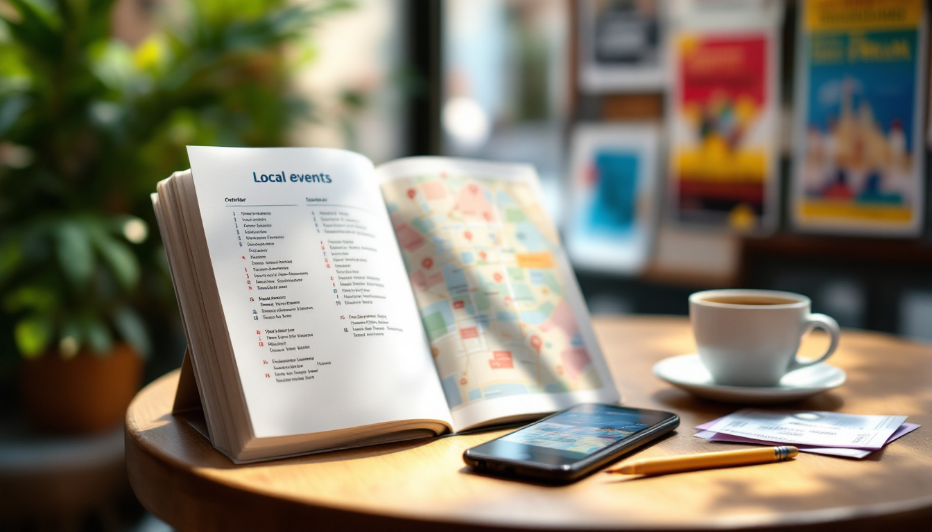 Veranstaltungen in der Umgebung finden: Veranstaltungskalender, Tickets und Smartphone mit Stadtkarte auf einem Cafétisch